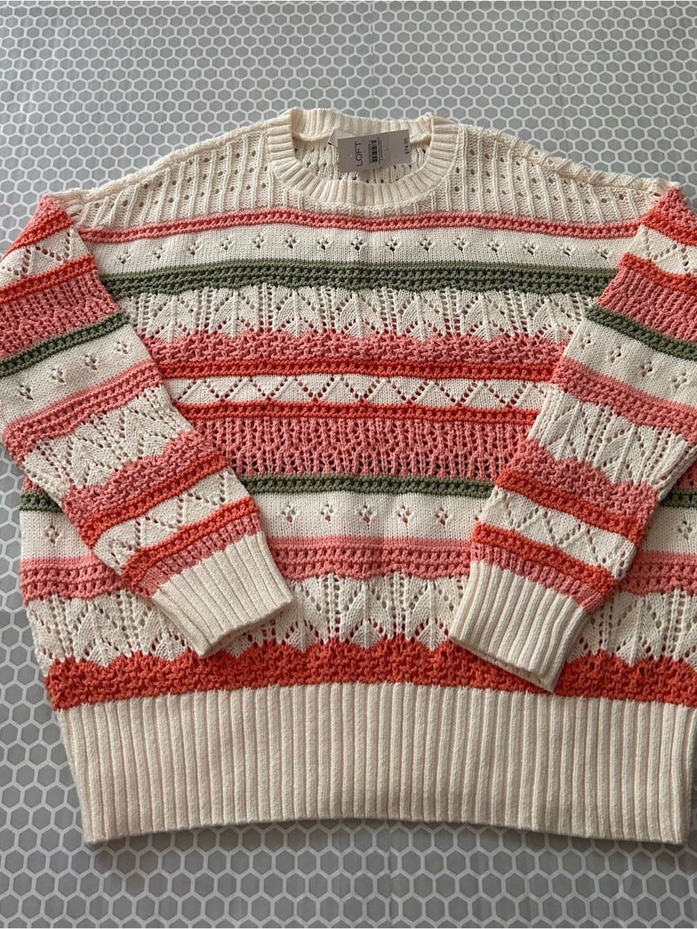 NWT LOFT Cream Striped Knit Sweater with Coral and Olive Accents Size L